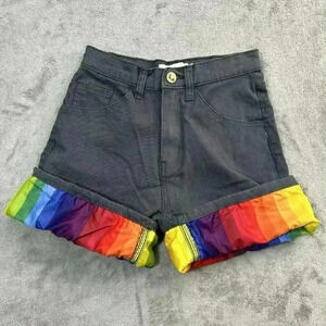 Pride Bunny Shorts Womens 26 Gray Denim Shorts Roll Up Rainbow Cuff LGBTQ+